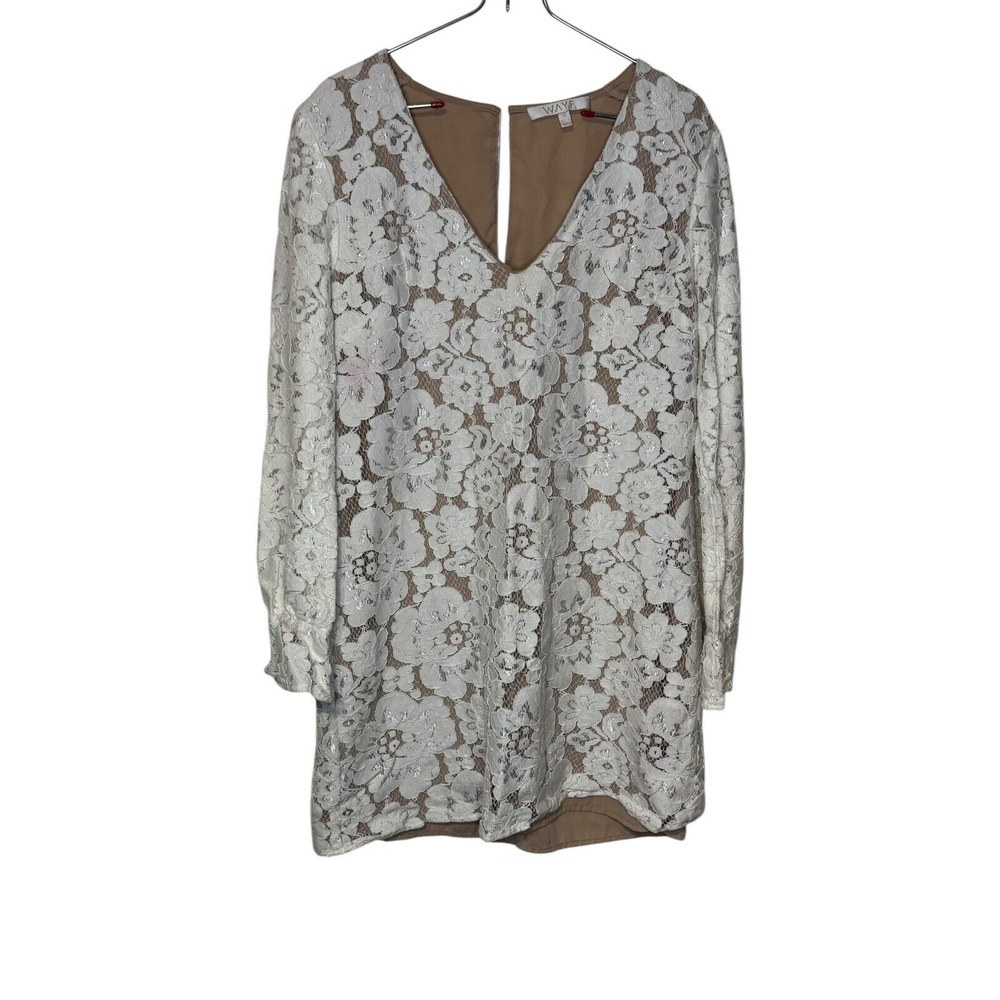 Wayf Women‎ Blouse Sheer Lace Floral V-Neck 3/4 Sleeve Nude Lining Ivory Medium